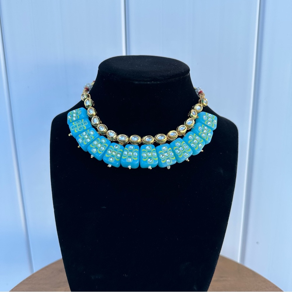 Kundan Blue Beaded Choker Necklace Set | Indian Floral Statement Jewelry - Picture 5 of 11